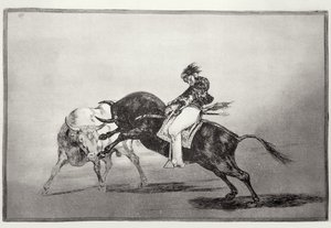 Ugyanaz a Mariano Ceballos, bikára ültetve, rövid lándzsákat tör a ringben Madridban, „A bikaviadal művészete” 24. táblája, kocsma. 1816 (rézkarc) alkotó: Francisco Jose de Goya y Lucientes