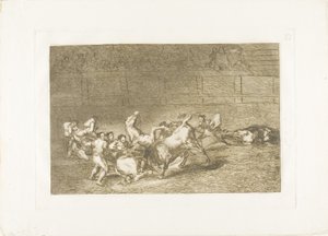 Két csapat picador, akiket egymás után dobott egyetlen bika, 32-es tábla A bikaviadal művészetéből alkotó: Francisco Jose de Goya y Lucientes