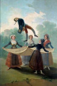 Fiatal nők bábu dobott a levegőbe egy ruhával egy rongybaba. Francisco de Goya (1746-1828) festménye 1792, V. 1,6x2,67 m Madrid, Musee du Prado – A báb. Fiatal lányok, akik lepedővel hánynak fel egy rongybabát. Francisco de Goya (1746-1828) festménye alkotó: Francisco de Goya