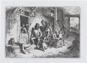10. tábla: két táncoló figura, egy másik ülve dobon, a Vámok sorozatából, 1850.