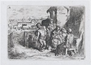 16. tábla: emberek csoportja a szabadban, köztük egy férfi, aki egy edényből bort vagy vizet tölt..., 1850.