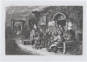 18. tábla: utcazenészek és egyéb alakok kocsmán kívül, a Vám ... sorozatból, 1850.