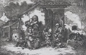19. tábla: egy család és egy fiú kutyával játszó házon kívül, a szokás... sorozatból, 1850.