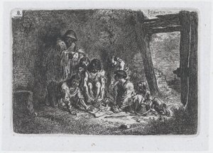 8. tábla: figurák csoportja, akik közül néhányan játszanak, a Vámok és... sorozatból, 1850.