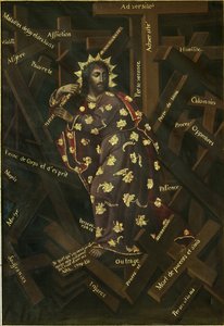A keresztes Krisztus. Francisco Moyen (1720-1761) festménye, olaj, vászon, 18. század eleje. Francia művészet, barokk művészet. Santa Teresa kolostor Múzeum, Potosi, Bolívia. alkotó: Francisco Moyen