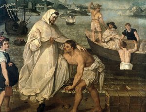 Szent Péter Nolasque (1189-1256) elindul, hogy kiszabadítsa a mór kalózok által túszul ejtett keresztény foglyokat, hogy eladják rabszolgának Afrikában (festmény)