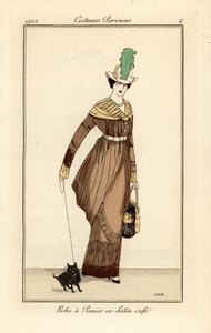Kávészínű szatén kosárruhás nő kutyával, Tommaso Antongini Journal des Dames et des Modes, Aux Bureaux du Journal des Dames, Párizs metszetéből