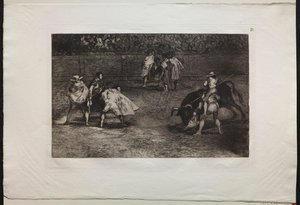 Bikaviadalok: A bikaviadal egy asszisztens vállára ült, bikát lándzsáz, 1876. alkotó: Francisco de Goya