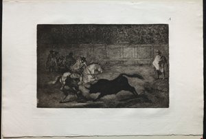 Bikaviadalok: Egy spanyol lovas lovag, aki asszisztensek segítségével lándzsákat tör, 1876. alkotó: Francisco de Goya