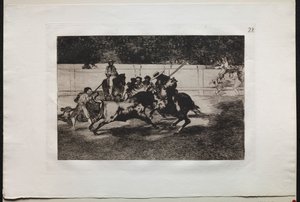 Bikaviadalok: Az Erőteljes Rendon megszúr egy bikát a Pique-vel, amely hágóból meghalt a madridi ringben alkotó: Francisco de Goya