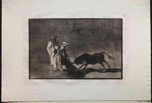 Bikaviadalok: A mórok másképp játszanak a ringben, hívják a bikát az égővel, 1876. alkotó: Francisco de Goya