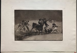 Bikaviadalok: A mórok szamarakat használnak akadályként, hogy megvédjék magukat a bikával szemben, amelynek szarvait golyókkal billentették meg alkotó: Francisco de Goya