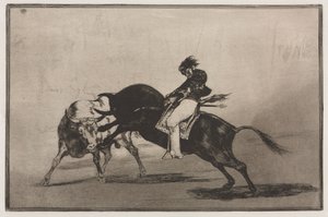 Bikaviadalok: Ugyanaz a Ceballos egy másik bikára szerelve rövid lándzsákat tör a ringben Madridban alkotó: Francisco de Goya