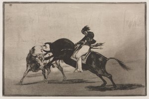 Bikaviadalok: Ugyanaz a Ceballos egy másik bikára szerelve rövid lándzsát tör a ringben, 1876. alkotó: Francisco de Goya