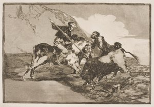 Ahogy a régi spanyolok bikákra vadásztak lóháton a síkságon. alkotó: Francisco de Goya