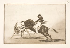 Ugyanaz a Ceballos, aki egy másik bika hátán ül, rövid lándzsákat tör a madridi arénában alkotó: Francisco de Goya