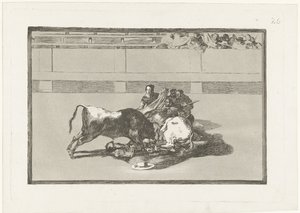 Egy picadort leütöttek a lováról, és a bika alatt fekszik Caida de un picador de su caballo debajo del toro La Tauromaquia (sorozat címe) Bikaviadal (sorozat címe) alkotó: Francisco de Goya