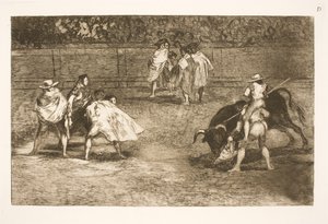 Egy torreádor egy asszisztens vállán ül, és rácsavarja a bikát alkotó: Francisco de Goya