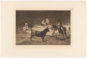 Fernando del Toro daagt een stier uit A híres Fernando del Toro, barilarguero, rúdjával kényszeríti a fenevadat Stierengevechten (sorozat címe) La Taureamachie (sorozat címe) Bikaviadal (sorozat címe) alkotó: Francisco de Goya
