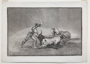 La Tauromaquia: Egy spanyol lovag megöli a bikát, miután elvesztette a lovát alkotó: Francisco de Goya
