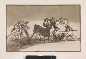 A mórok szamarakat használnak akadályként, hogy megvédjék magukat a bika ellen, amelynek szarvait golyókkal látták el. alkotó: Francisco de Goya