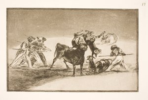 A mórok szamarakat használnak akadályként, hogy megvédjék magukat a bika ellen, amelynek szarvait golyókkal látták el. alkotó: Francisco de Goya