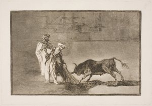 Az arénában tartózkodó mórok mindent megtesznek azért, hogy burnusuk segítségével magukhoz vonzzák a bikát alkotó: Francisco de Goya