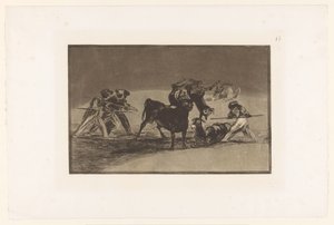 Mórok és szamarak harcolnak egy bikával Palenque de los Moros hecho con burros para defenderse del toro embolado Bikaviadalok (sorozat címe) La Taureaumachie (sorozat címe) La Tauromaquia (sorozat címe) alkotó: Francisco de Goya