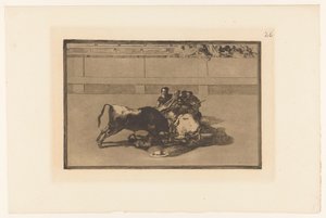 Picador leesett a lováról Caida de un picador de su caballo debajo del toro Bikaviadalok (sorozat címe) La Taureaumachie (sorozat címe) La Tauromaquia (sorozat címe) alkotó: Francisco de Goya