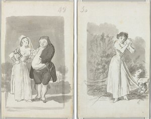 Kövér, csúnya férfit kérő prostituált (recto); Kezét egy férfi meztelen teste fölött törő fiatal nő (fordítva) alkotó: Francisco de Goya