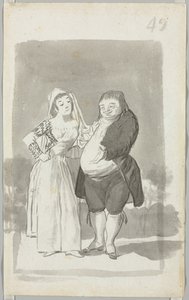 Kövért kérő prostituált, csúnya férfi recto, fiatal nő kezét tördelve...verso, 1796-97. alkotó: Francisco de Goya