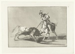 Rodrigo Diaz de Vivar verwondt een stier El Cid Campeador egy másik bikával lándzsázik Stierenvechten (sorozat címe) Bikaviadal (sorozat címe) alkotó: Francisco de Goya