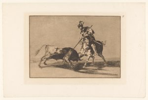 Rodrigo Diaz de Vivar verwondt een stier El Cid Campeador egy másik bikával lándzsázik Stierengevechten (sorozat címe) La Taureamachie (sorozat címe) Bikaviadal (sorozat címe) alkotó: Francisco de Goya