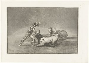 Spanse lovas doodt een stier Egy spanyol lovag megöl egy bikát, miután elvesztette a lovát Stierenvechten (sorozat címe) Bikaviadal (sorozat címe) alkotó: Francisco de Goya