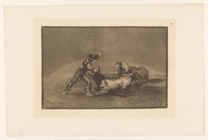 Spanse lovas doodt een stier Egy spanyol lovag megöl egy bikát, miután elvesztette a lovát Stierengevechten (sorozat címe) La Taureamachie (sorozat címe) Bikaviadal (sorozat címe) alkotó: Francisco de Goya