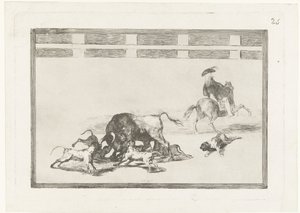 Kutyák támadták meg a bikát Echan perros al toro La Tauromaquia (sorozat címe) Bikaviadal (sorozat címe) alkotó: Francisco de Goya