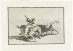 Stierenjacht te paard A lelkes Moro Gazul az első, aki rendre lándzsázza a bikákat Bikaviadal (sorozat címe) Stierenvechten (sorozat címe) alkotó: Francisco de Goya