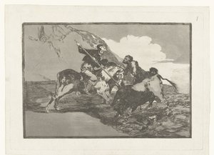 Stierenjacht te paard Hogyan vadásztak az ókori spanyolok a bikákra lóháton a mezőn Stierenvechten (sorozat címe) Bikaviadal (sorozat címe) alkotó: Francisco de Goya