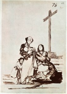 Nők és gyerekek kereszt közelében (metszet) alkotó: Francisco de Goya