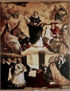 Festmények a sevillai Mayor de Santo Tomas College számára: Aquinói Szent Tamás apoteózisa vagy Aquinói Szent Tamás apoteózisa a templom orvosaival alkotó: Francisco de Zurbaran