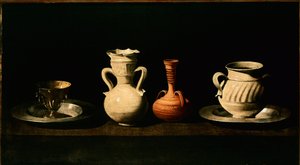 Csendélet Kancsók, fazekak. Francisco de Zurbaran (1598-1664) festménye 1633 V. 46x84 cm Madrid, Prado Múzeum alkotó: Francisco de Zurbaran