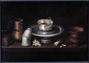 A csendélet csokoládé reggeli csokoládé csésze, csészék. Francisco de Zurbaran (1598-1664) festménye. 17. századi Besancon, Szépművészeti Múzeum alkotó: Francisco de Zurbaran
