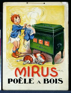 A "Mirus" fatüzelésű kályha hirdetése (színes litho)