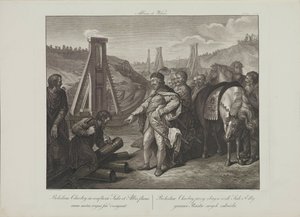 Smuglewicz, Franciszek (1745-1807) I. lengyel Boleszláv határoszlopokat ragaszt az Elba és a Saale folyókban. Litográfia, 18. század vége. Magángyűjtemény