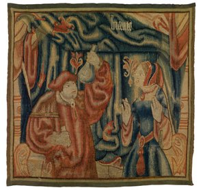 század elején készült gobelintöredék, amely egy belsőt ábrázol orvossal és nővel, Beaute, francia vagy flamand, 16. század elején (gyapjú)