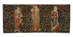 Mille fleurs gobelin, oltárfront, három szentet, Szent Annát, Szent Klárát és Szent Eufémiát ábrázoló, 1500 körül készült, francia vagy flamand (gyapjú)