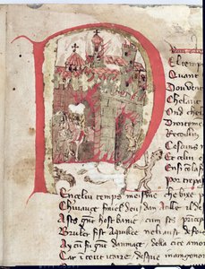 Ms Est 27 W 8.17 f.1r Történelmi iniciálé, amely hun Attilát (406-453 körül) ábrázolja, amint felgyújtja Aquila városát Nicola da Casola Attila háborújából alkotó: Franco Italian School
