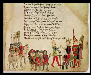 Ms Est 27 W 8.17 f.4r Attila hun (c.406-453) az egyik harcosával beszélgetve, Nicola da Casola Attila háborújából alkotó: Franco Italian School