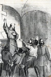 Negyedik velencei-oszmán háború: az egyház a muszlimok legyőzésére szólít fel a lepantei csata előestéjén, amely 1571. október 7-én robbant ki a görögországi Pátrai-öbölben (keresztény koalíció a lepantói csata előtti napon az Oszmán-Veneti alatt alkotó: Franco Mistrali