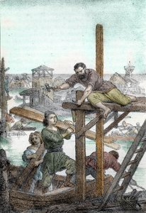 Attila hunjai által vadászott menekültek telepítik Velence városának alapjait, V. század (Velence alapítása Attila barbárja által elüldözött menekültek által, V. század) Rajz az „I misteri del vaticano”-ból, Franco Mistrali 1846